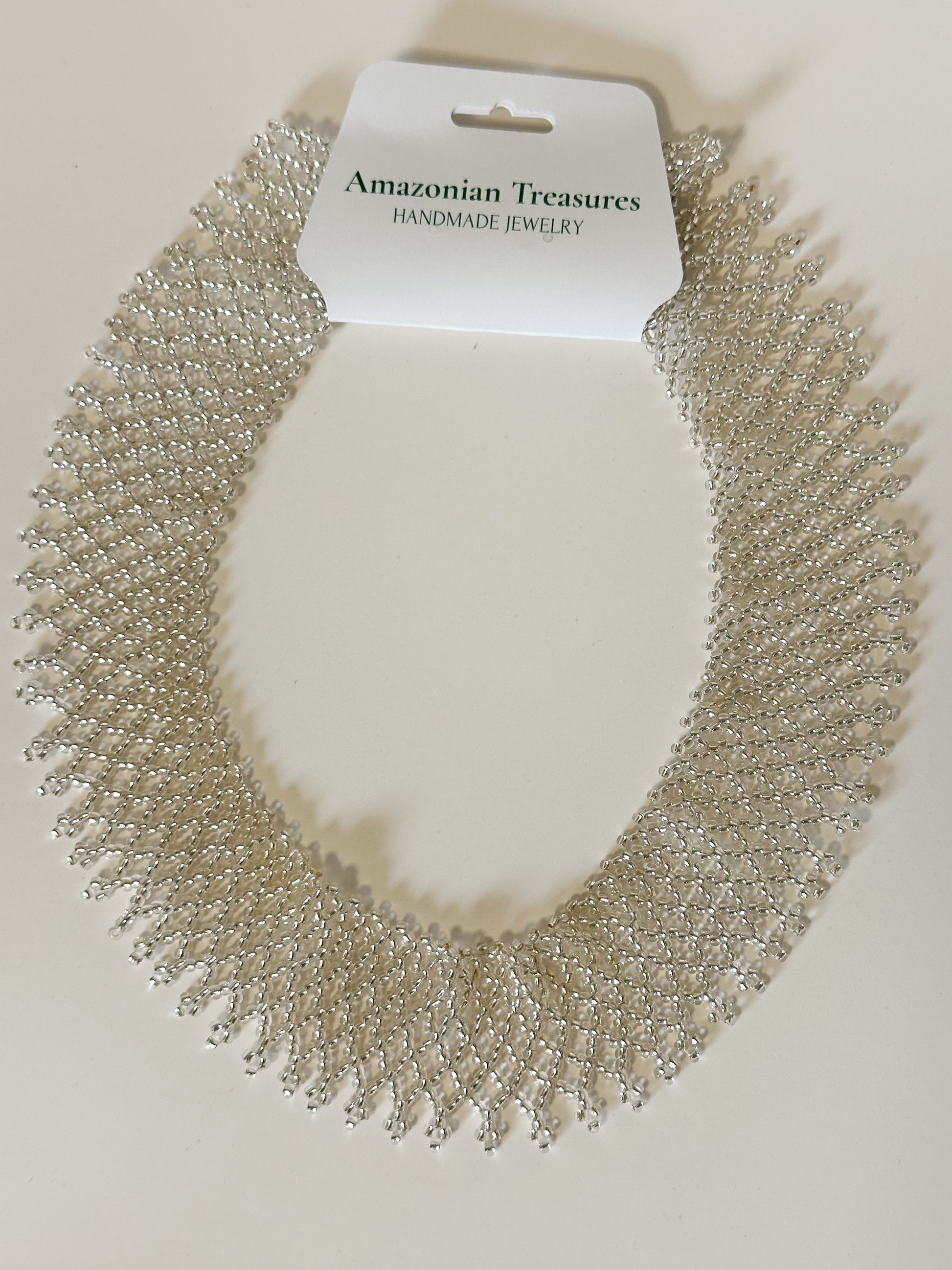 Silver tone Borari Indigenous beadwork collar necklace handcrafted in the Amazon.