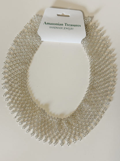 Silver tone Borari Indigenous beadwork collar necklace handcrafted in the Amazon.