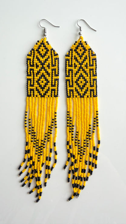 Wai Wai handmade diamond fringe earrings in yellow and black recycled glass beads