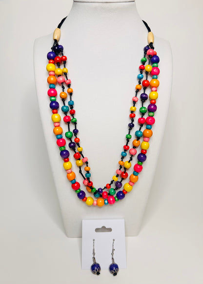 Woodland Radiance Set – Adjustable Handcrafted Multicolor Necklace and Purple Earrings Made from Eco-Reclaimed Wood | Eco-Friendly Jewelry