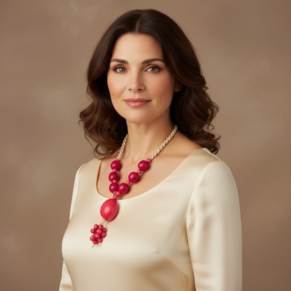 Amazonian Treasures statement necklace featuring pink acai seeds and jarina ivory on tucum fiber worn by a woman