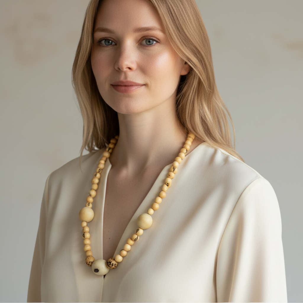 Amazonian Treasures necklace featuring natural dyed acai and paxiuba seed beads worn by a blonde woman in a cream top.