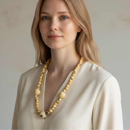 Amazonian Treasures necklace featuring natural dyed acai and paxiuba seed beads worn by a blonde woman in a cream top.