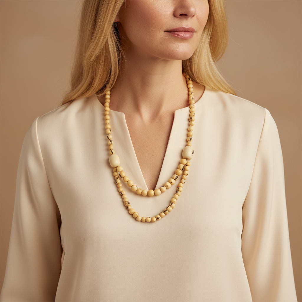 Amazonian Treasures handcrafted necklace featuring natural cream-colored açaí and paxiúba seed beads on a woman.