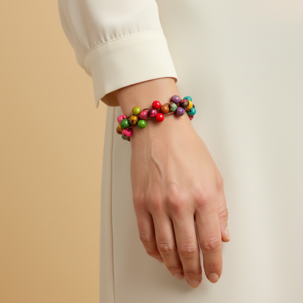 Amazonian Treasures handcrafted multi-colored acai seed bracelet worn on a wrist against a neutral background.