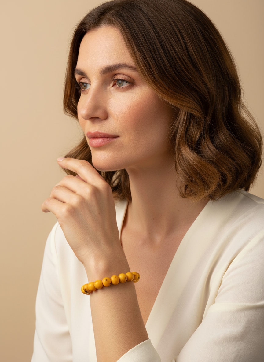Amazonian Treasures handcrafted yellow acai seed stretch bracelet worn by a woman in a white top