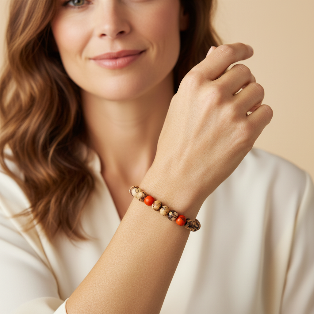Amazonian Treasures handcrafted stretch bracelet featuring natural patterned açaí seeds and bright orange accent beads