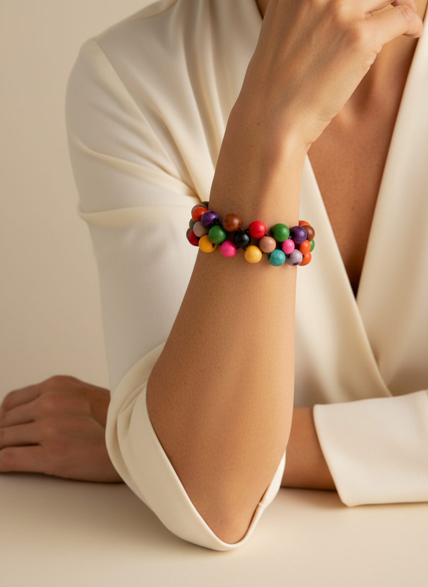 Amazonian Treasures artisan-made bracelet featuring colorful natural Açaí seeds worn on a woman's wrist