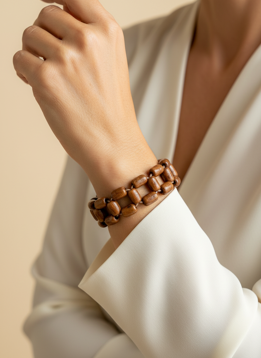 Amazonian Treasures handcrafted Açaí seed bracelet with a geometric mosaic design worn on a woman's wrist.