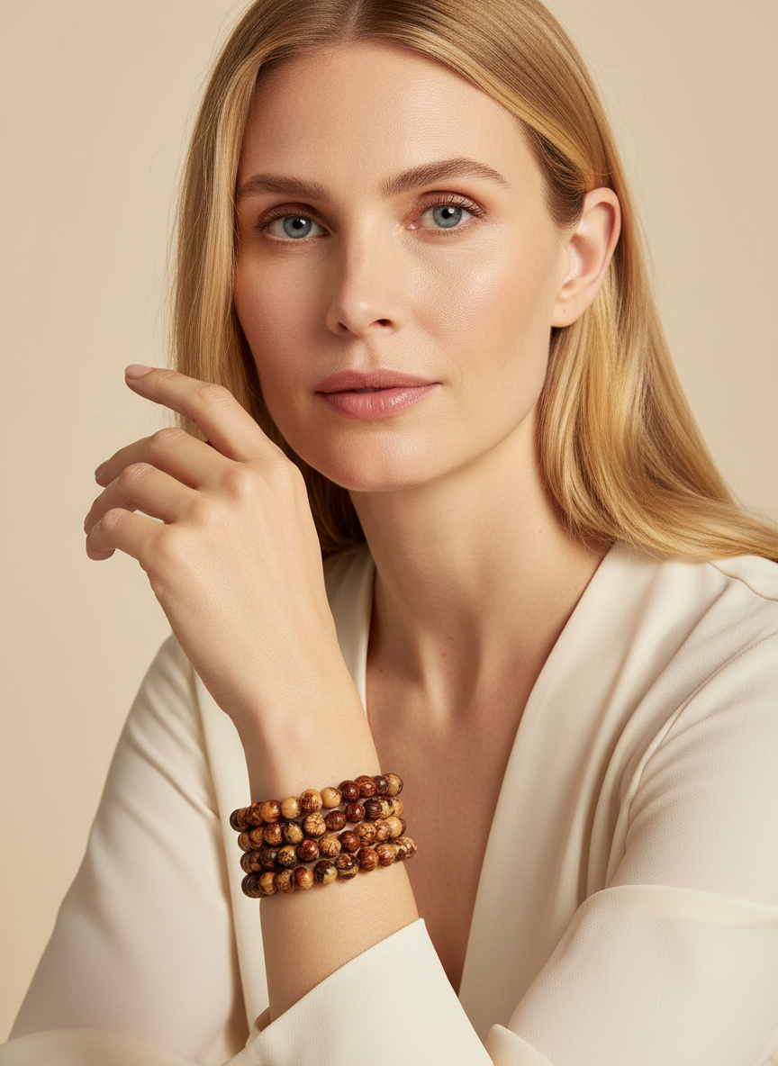 Amazonian Treasures Açaí Terra Cuff, a wide handcrafted bracelet of brown organic seeds worn by a blonde model.