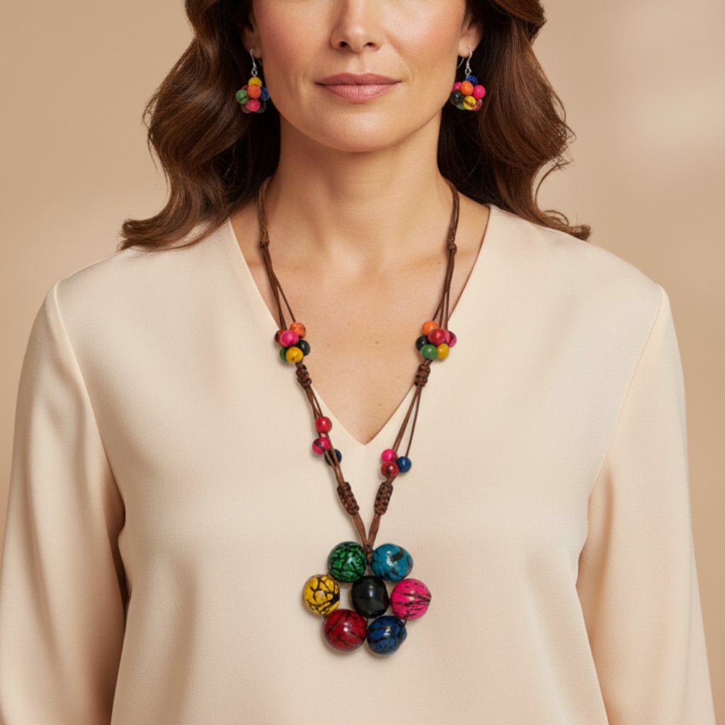 Amazonian Treasures Amazon Roots Set featuring a colorful handcrafted necklace and earrings made from tinted Açaí seeds