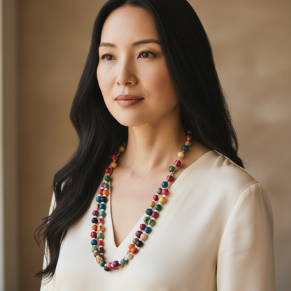 Amazonian Treasures necklace featuring colorful polished acai seeds and white beads worn by a woman in a cream top
