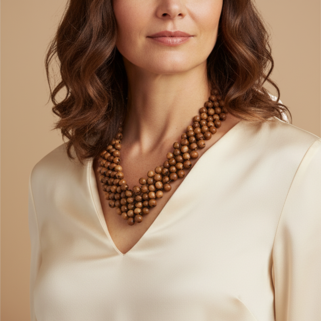 Amazonian Treasures handmade statement necklace featuring multi-strand polished brown açaí seeds on a woman