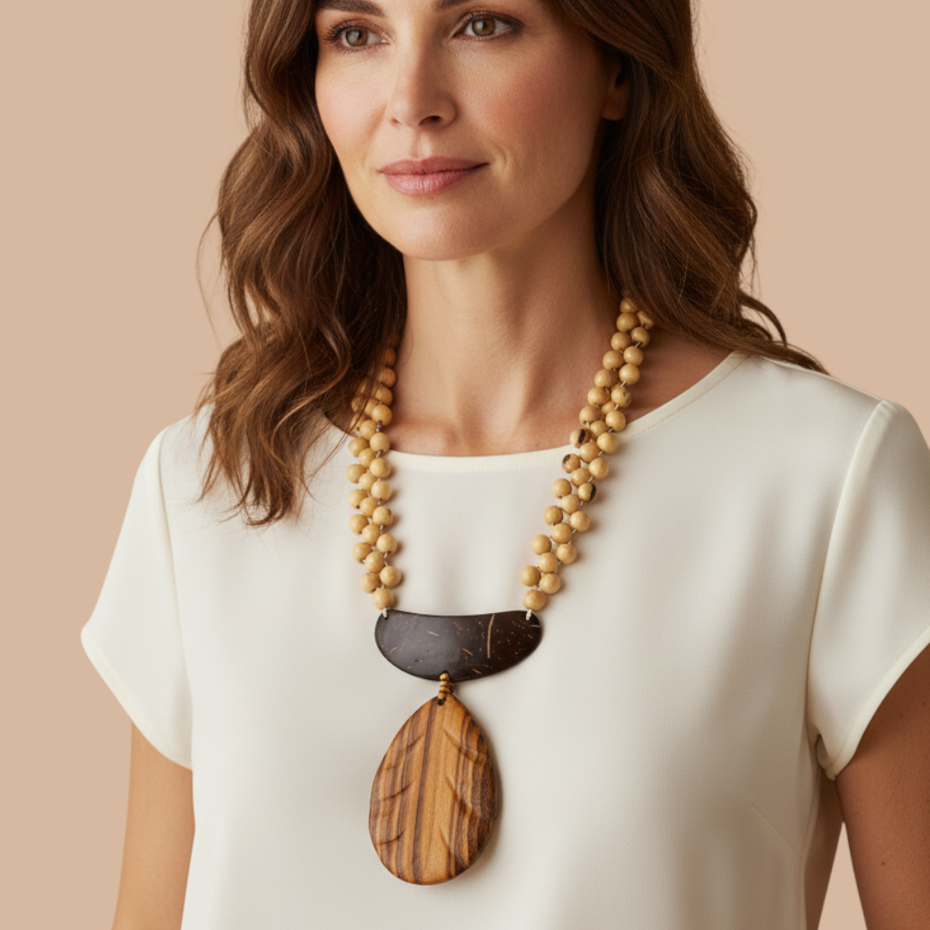 Amazonian Treasures necklace featuring acai seeds, cuia gourd, and a carved muiracatiara wood pendant on a model.