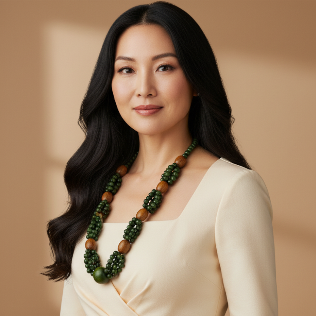Amazonian Treasures Forest Roots necklace featuring green açaí seeds and natural wood beads worn by a woman.