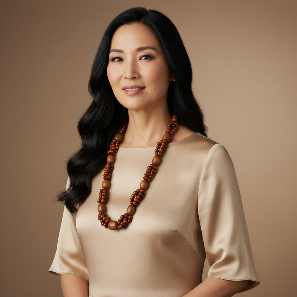 Amazonian Treasures Forest Roots necklace featuring polished brown açaí seeds and wood beads worn by a woman.