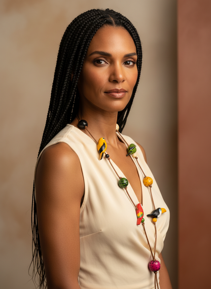 Amazonian Treasures Amazon Birds necklace featuring colorful handcrafted bird charms on a long cord worn by a model