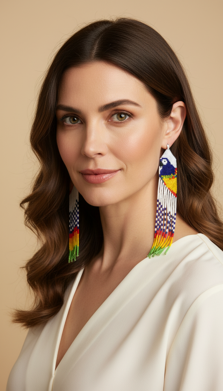 Amazonian Treasures Galibi Marworno handmade recycled glass bead fringe earrings with bird motif on a model