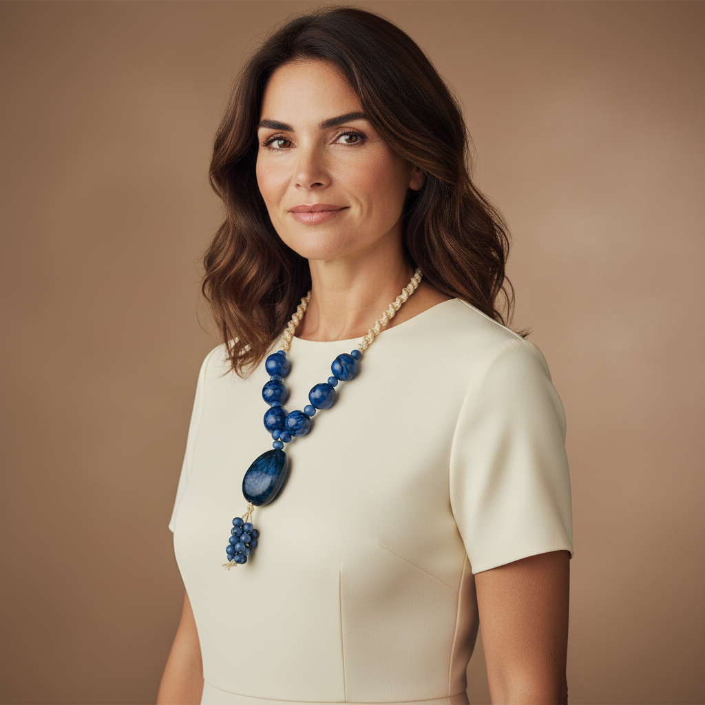 Amazonian Treasures statement necklace with blue acai seeds and jarina on a woman wearing a cream dress.