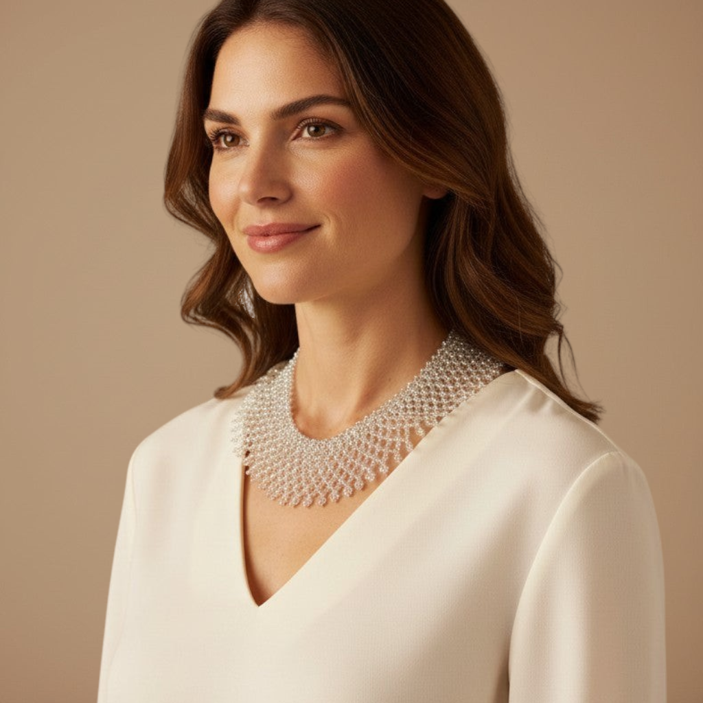 Amazonian Treasures Borari Indigenous handcrafted silver glass bead collar necklace worn by a woman in a white top.