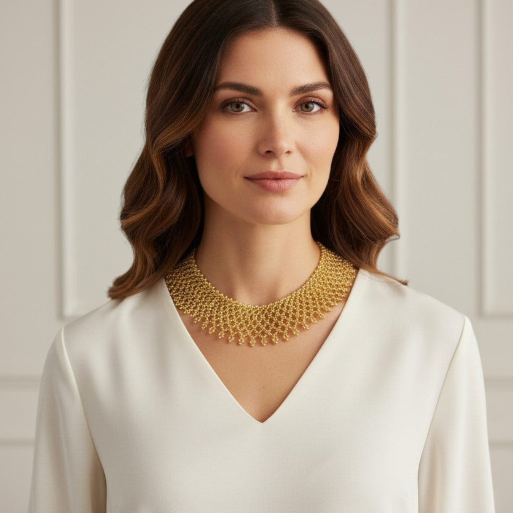 Amazonian Treasures Borari Indigenous gold glass beaded collar necklace with delicate fringe worn by a woman.