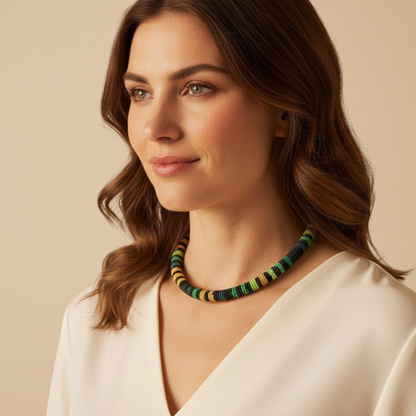 Amazonian Treasures Borari Horizon necklace featuring black, green, and beige glass beads worn by a woman.