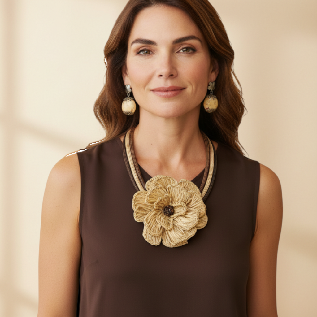 Amazonian Treasures handcrafted Buriti fiber flower necklace and Paxiúba seed earrings worn by a woman in a brown top.