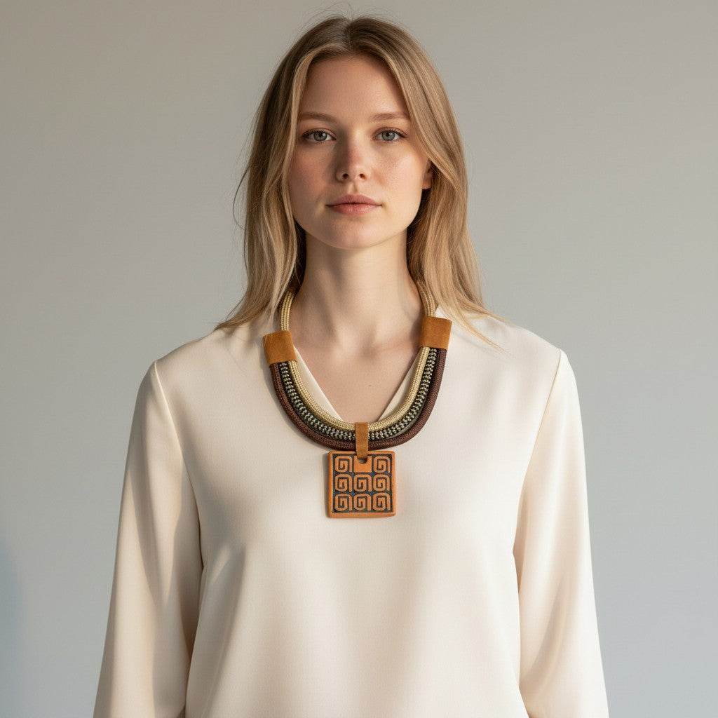 Amazonian Treasures ceramic pendant necklace with braided rope and suede accents worn by a blonde model
