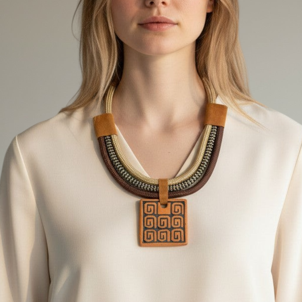 Amazonian Treasures artisan necklace with a square ceramic pendant, braided rope, and suede on a blonde model.