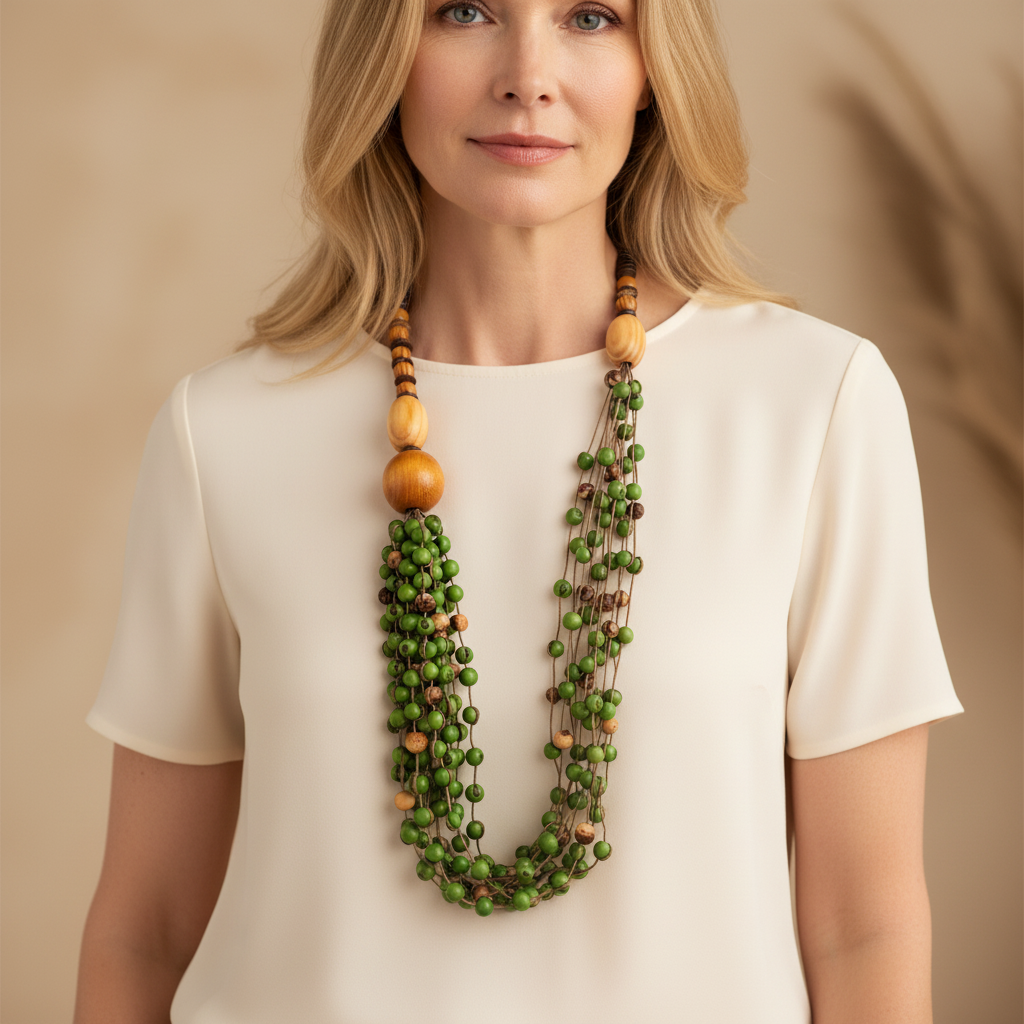 Amazonian Treasures Forest Cascade necklace with green Açaí seeds, reclaimed wood, and coconut shell on a model