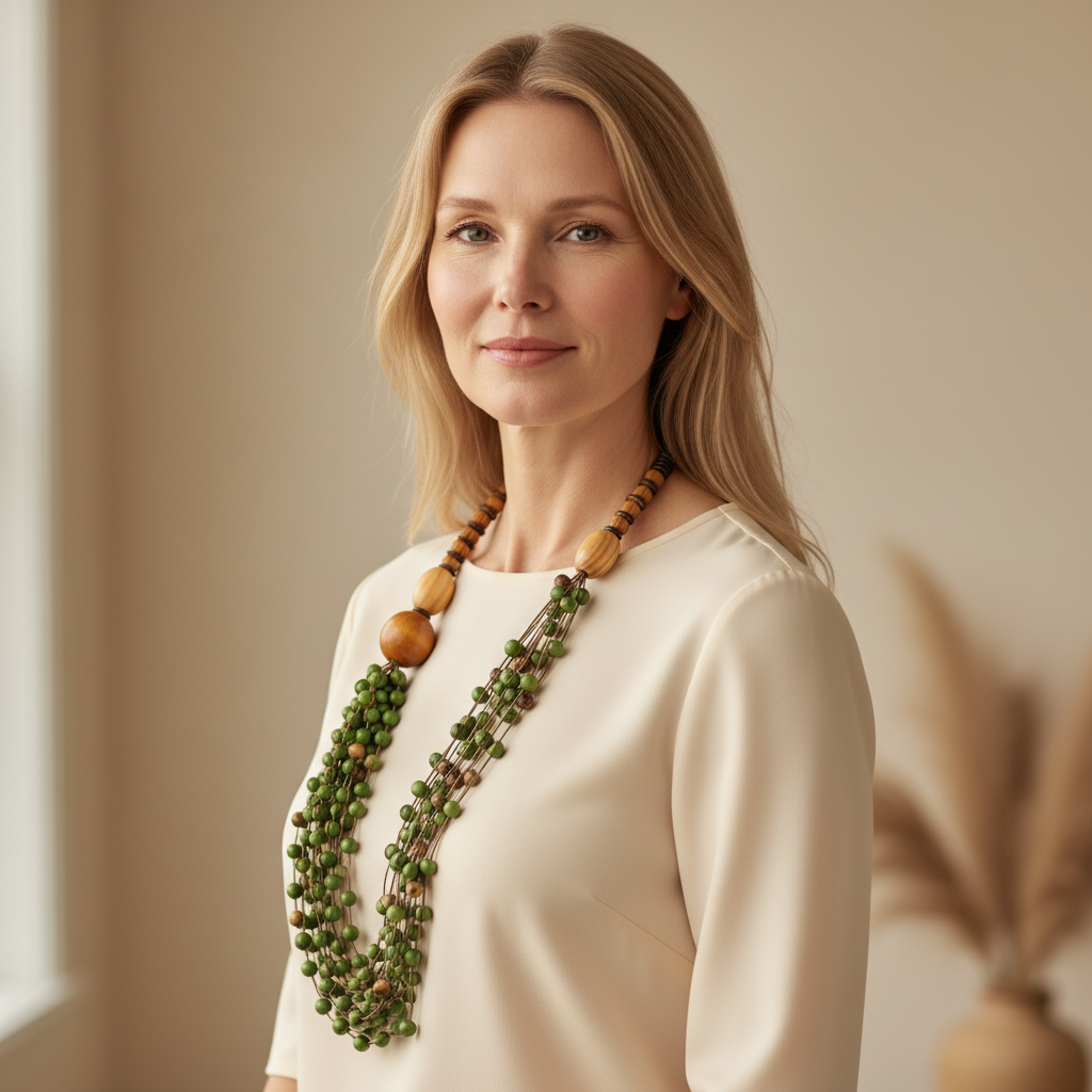 Amazonian Treasures Forest Cascade Necklace featuring green tinted Açaí seeds, reclaimed wood, and coconut shell on a model