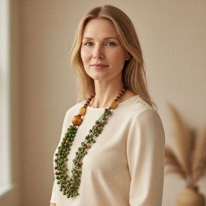 Amazonian Treasures Forest Cascade Necklace featuring green tinted Açaí seeds, reclaimed wood, and coconut shell on a model