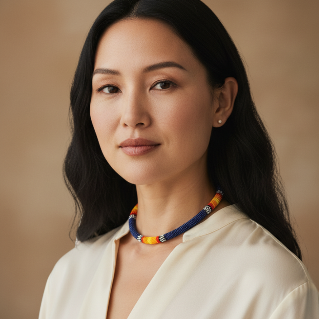 Amazonian Treasures Galibi Marworno beaded choker in royal blue with colorful accents worn by a woman in a cream top.