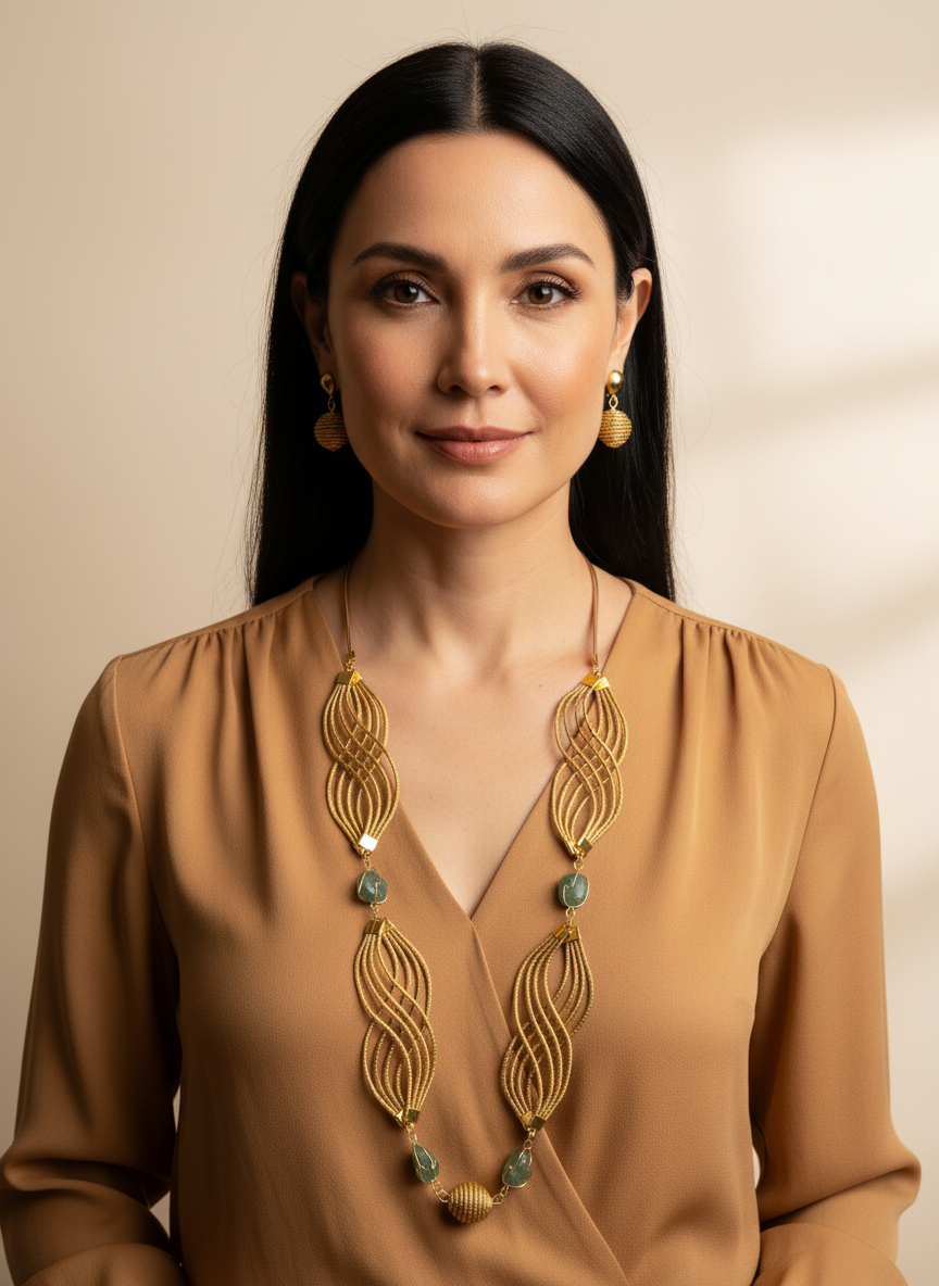 Amazonian Treasures Golden Flow necklace and earrings set made of woven capim dourado golden grass with green gemstones.
