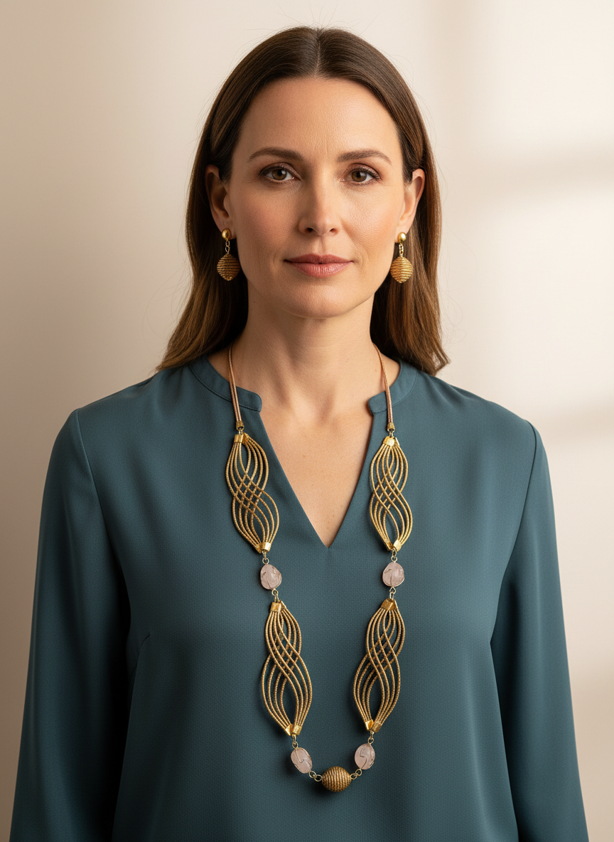 Amazonian Treasures Golden Flow necklace and earrings set made of handwoven capim dourado golden grass and gemstones.