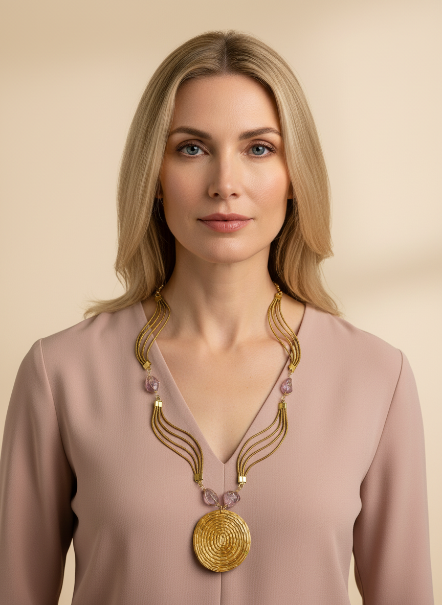 Amazonian Treasures Cerrado Amethyst statement necklace with a golden grass medallion and amethyst accents.