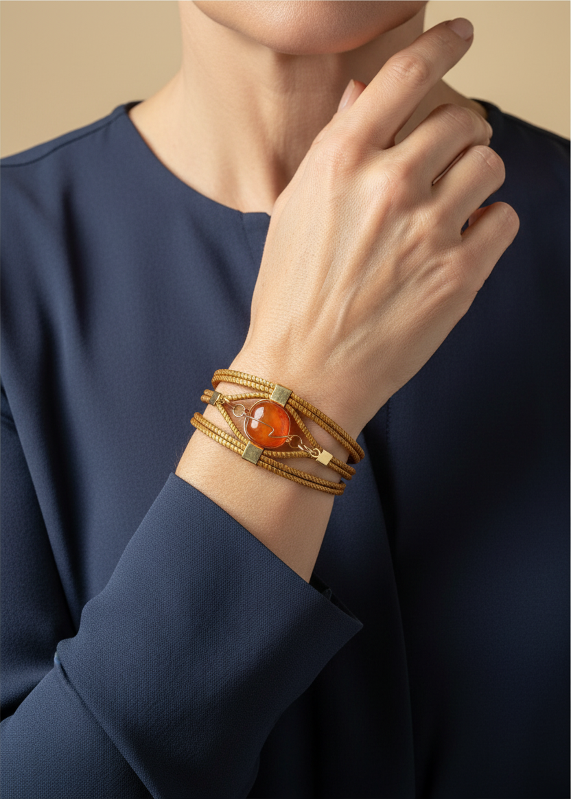 Amazonian Treasures handwoven capim dourado golden grass bracelet with a central orange stone on a woman's wrist