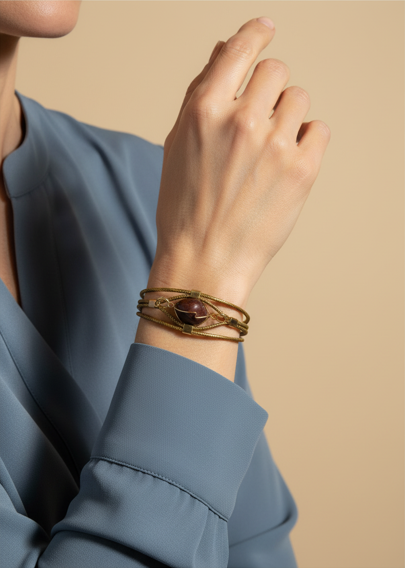 Amazonian Treasures handwoven golden grass bracelet with a brown stone accent worn on a woman's wrist