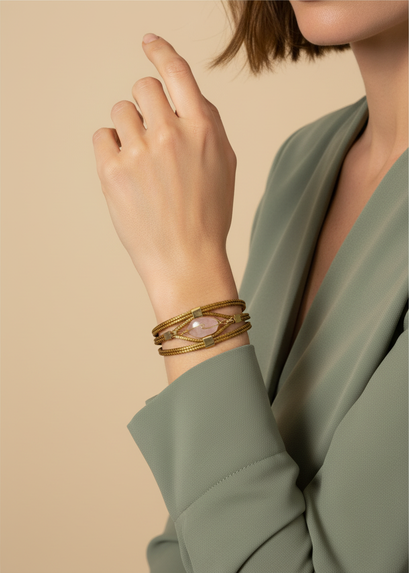 Amazonian Treasures handwoven capim dourado golden grass bracelet with a rose quartz stone accent on a woman's wrist.