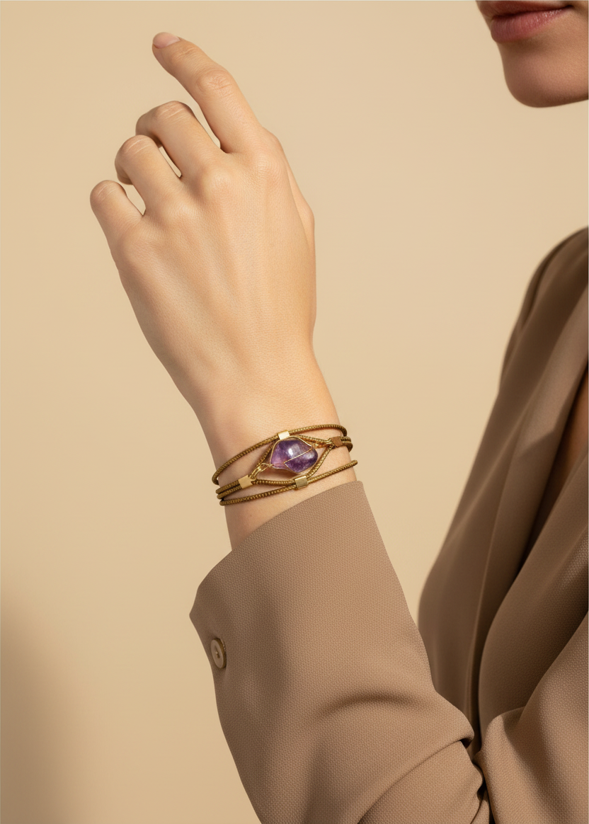 Amazonian Treasures handwoven golden grass bracelet with a purple stone accent worn on a model's wrist.
