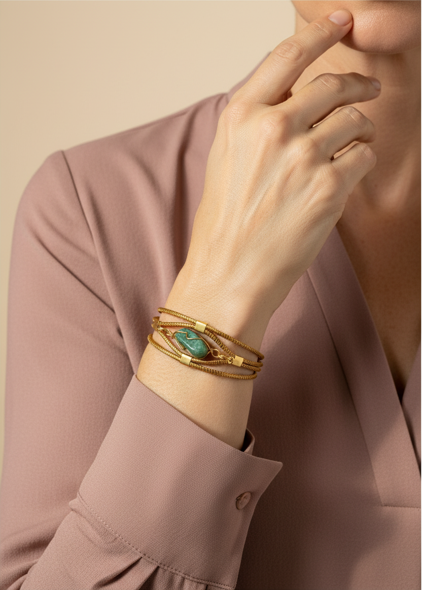 Amazonian Treasures handwoven golden grass bracelet with a green stone accent worn on a woman's wrist.