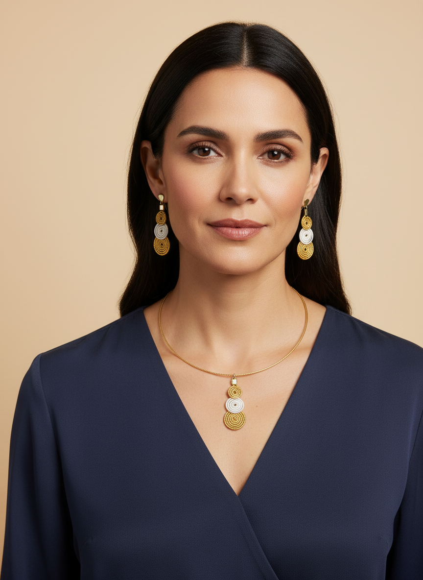 Amazonian Treasures Luminous Roots set featuring a handwoven golden grass round choker and matching drop earrings.