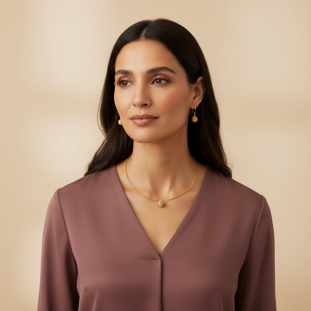 Model wearing Amazonian Treasures handwoven golden grass round choker and matching earrings against a neutral background