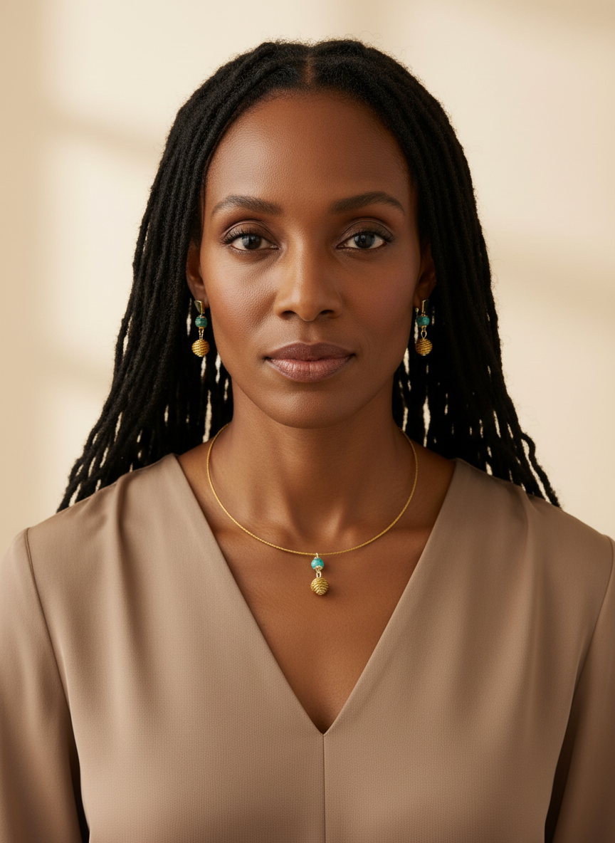 Amazonian Treasures Serra Jewel Set featuring a handwoven golden grass choker and matching earrings with stone accents.