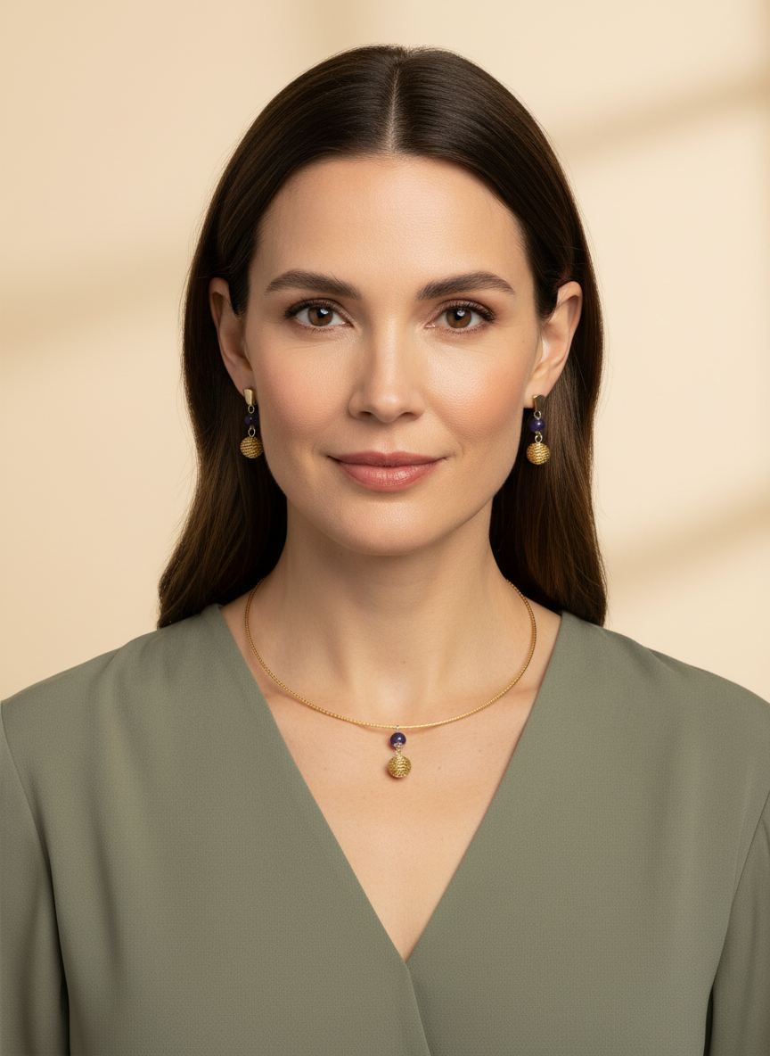 Amazonian Treasures Serra Jewel Set featuring a handwoven golden grass choker and matching earrings with stone accents.