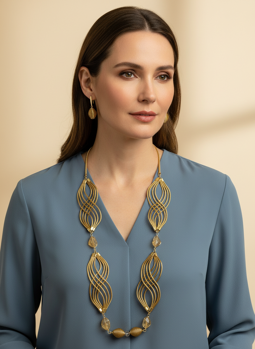 Amazonian Treasures Golden Flow necklace and earrings set made of handwoven capim dourado golden grass and citrine.