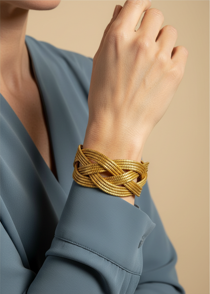 Amazonian Treasures handwoven golden grass statement cuff bracelet made from natural Capim Dourado on a model's wrist.