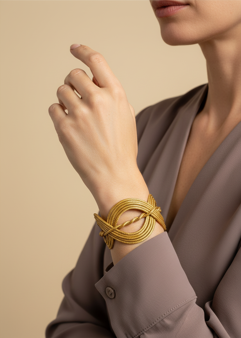 Amazonian Treasures handwoven Capim Dourado golden grass statement cuff bracelet worn on a model's wrist
