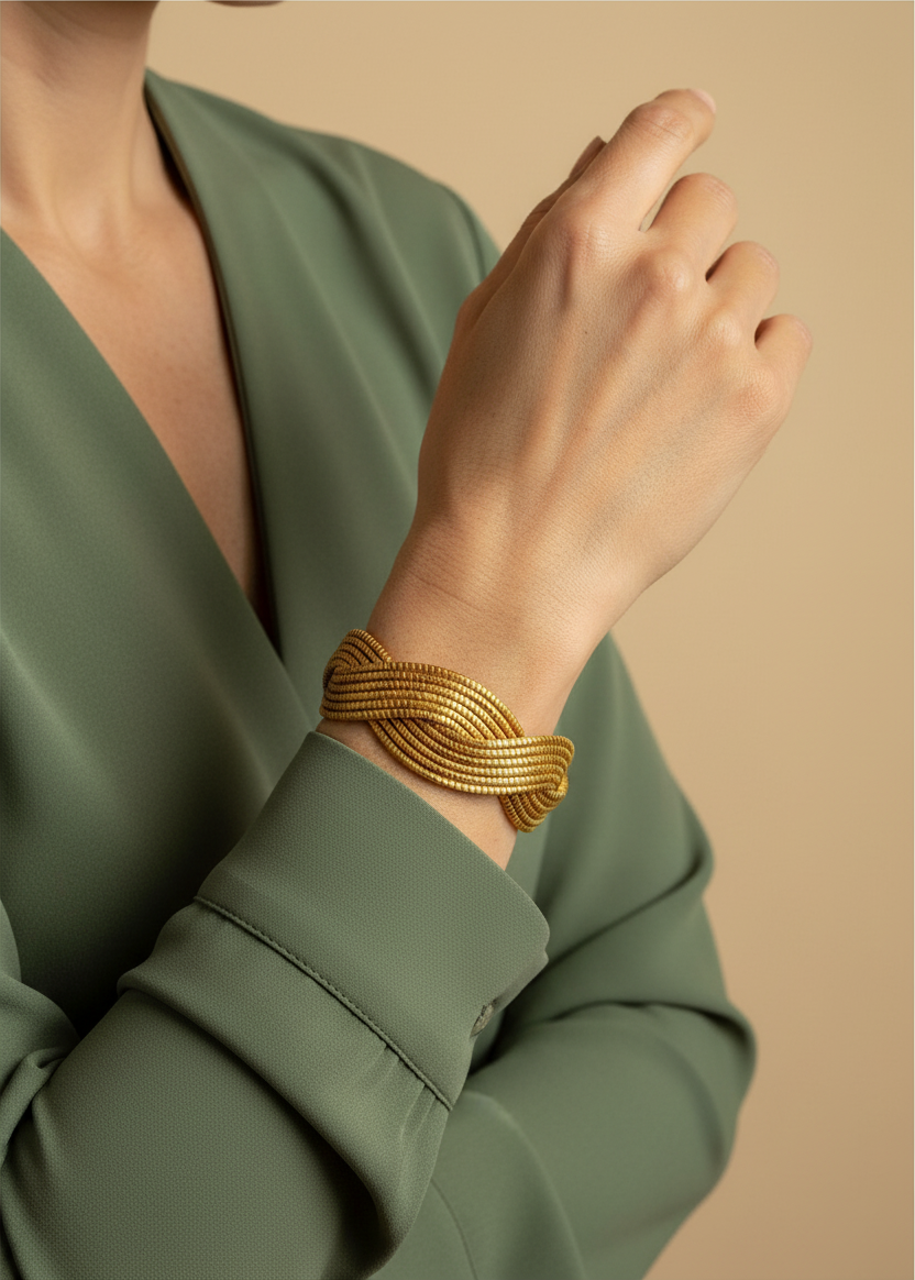Amazonian Treasures handwoven golden grass statement cuff bracelet worn on a model in a green blouse