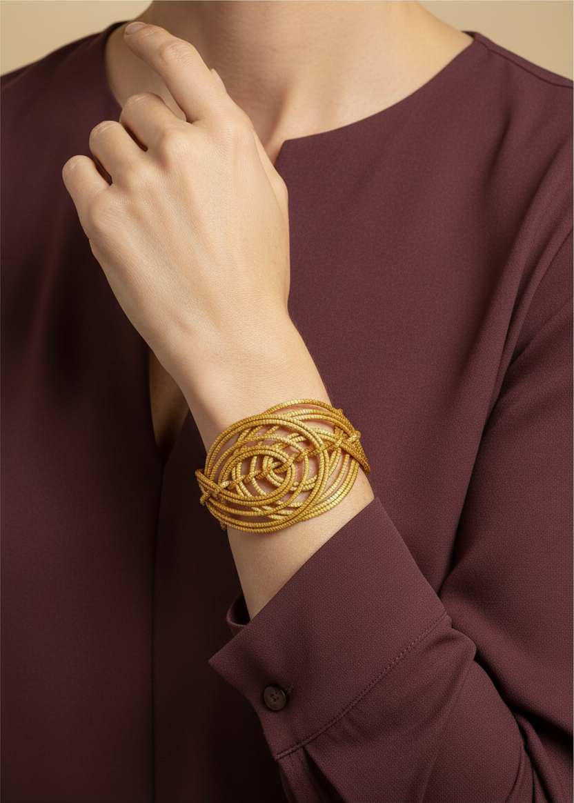 Amazonian Treasures handwoven golden grass statement cuff bracelet made from natural Capim Dourado on a model's wrist.